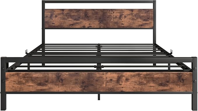 BOFENG Black Queen Size Bed Frames with Wood Headboard,Heavy Duty Platform Bed Frame with Storage No Box Spring Needed,Mattress Foundation,Strong Steel Slats,Noise Free,Brown