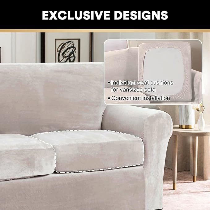 PrinceDeco Velvet Couch Covers for Sofa Soft 4 Pieces Couch Covers for 3 Cushion Couch Sofa Pet Friendly Furniture Protector with Non Slip Elastic Bottom Width Up to 90 Inch (Large, Ivory)