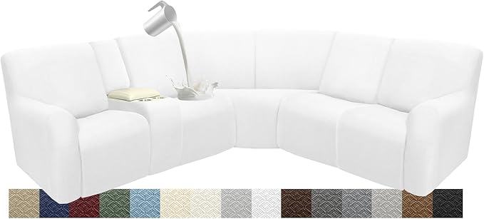 Waterproof Reclining Sectional Couch Covers Washable L Shaped Couch Cover for Sectionals Recliner Sofa Covers Stretch Corner Recliner Slipcovers for Dogs (5 Seater 1 Console Cover, White)