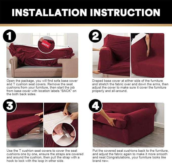 PrinceDeco T Cushion Sofa Slipcover 4 Pieces Sofa Covers for T Cushion Couch Soft Sofa Slip Covers Furniture Protector with 3 Individual T Shape Seat Covers Width Up to 88" Burgundy