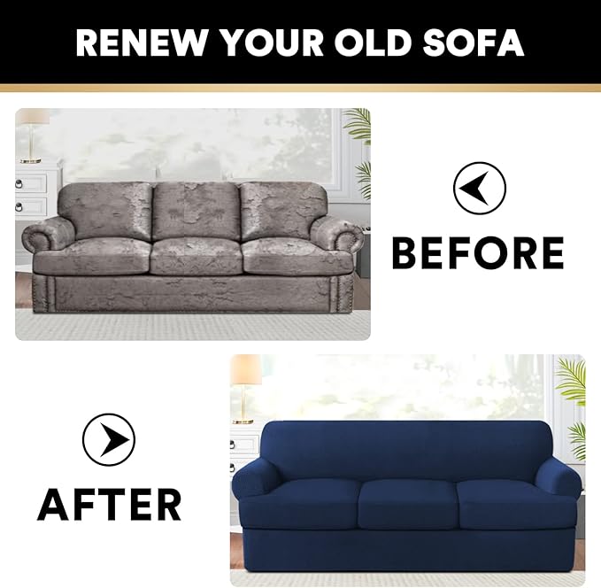 PrinceDeco T Cushion Sofa Slipcover 4 Pieces Sofa Covers for T Cushion Couch Soft Sofa Slip Covers Furniture Protector with 3 Individual T Shape Seat Covers Width Up to 88 Inch -Navy