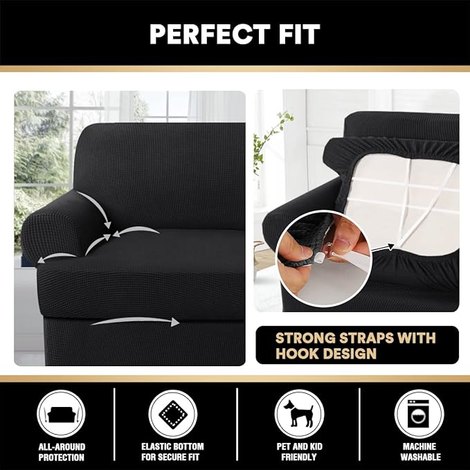 PrinceDeco T Cushion Sofa Slipcover 3 Pieces Sofa Covers for T Cushion Couch Soft Couch Covers Sofa Slip Cover Furniture Covers with 2 Individual T Shape Seat Covers Width Up to 88", Black
