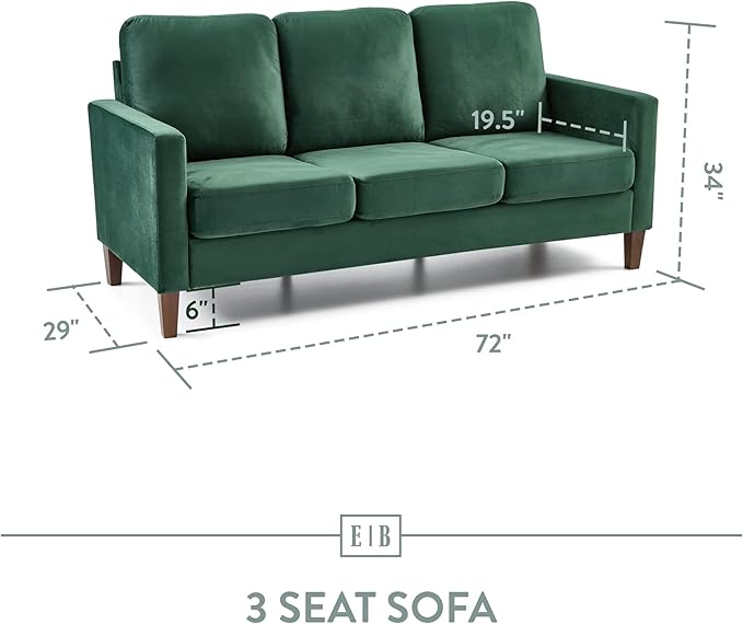 Edenbrook Archer Upholstered Sofa - Seats Three - Straight Arm Modern Design, Green Velvet