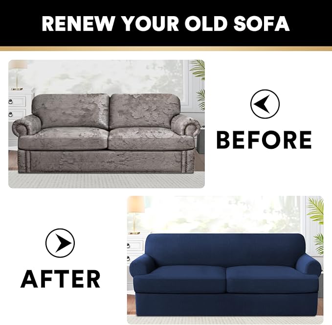 PrinceDeco T Cushion Sofa Slipcover 3 Pieces Sofa Covers for T Cushion Couch Soft Couch Cover Sofa Slip Covers Furniture Covers with 2 Individual T Shape Seat Cover Width Up to 88", Navy