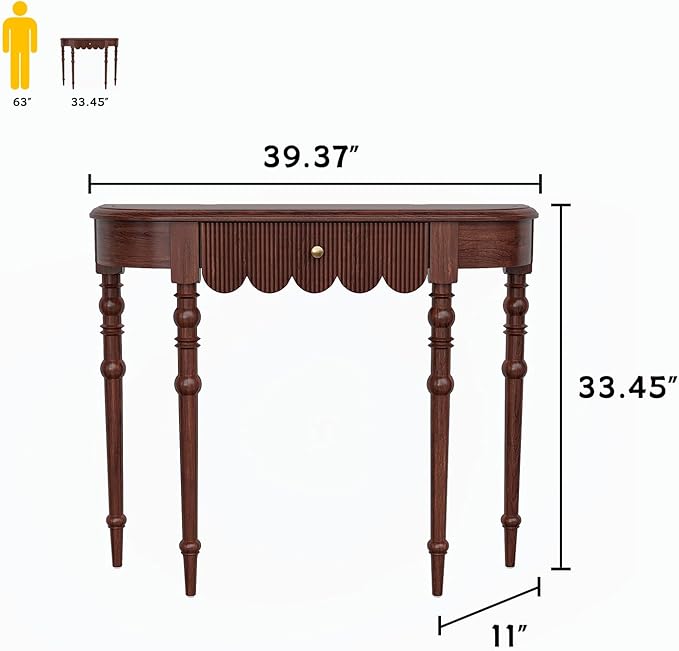 Solid Wood Console Table with Drawer – Dark Walnut Entryway Table with Scalloped Edge and Straight Legs, Narrow Accent Sofa Table for Living Room or Hallway(Dark Walnut)