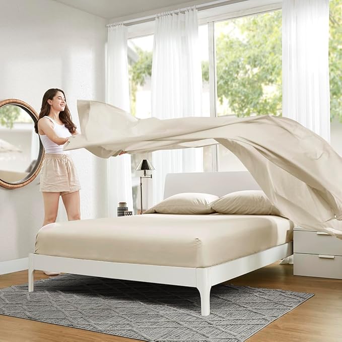 Comfort Spaces 100% Cotton Sheets Cal King, Breathable & Soft Cotton Sheets, Naturally Cool Cotton Bed Sheets with 14" Elastic Pocket Fits up to 16" Mattress, All Seasons Sheet Set, Cream 4 Piece