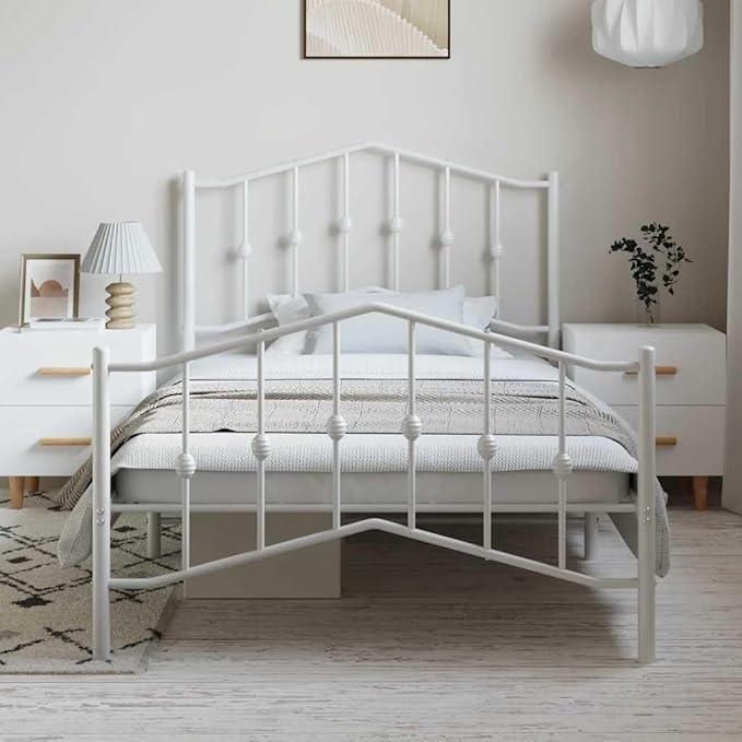 Stylish White Metal Twin Bed Frame with Classic Design, Durable Powder-Coated Steel Structure for Modern Bedroom Decor and Guest Room Use