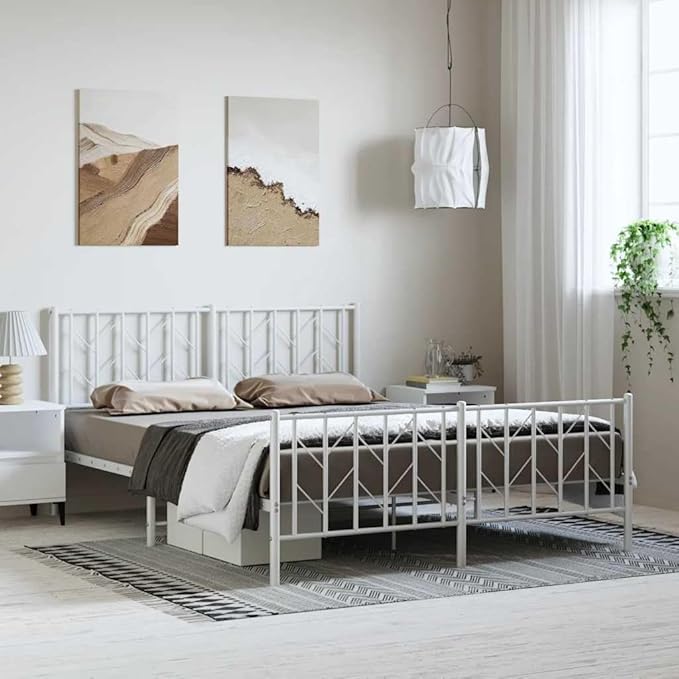 Bed Frame White Steel Full Bed Frame Rectangular Modern Adult for Bedroom