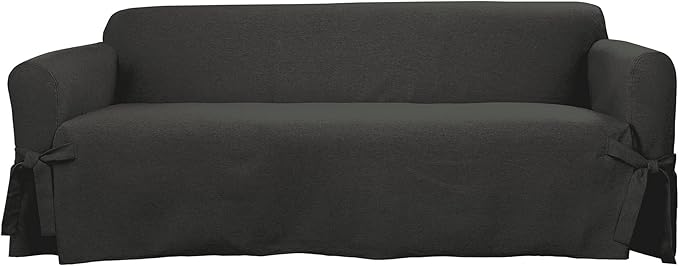 SureFit Farmhouse Basketweave Faux Linen Sofa Slipcovers, Couch Cover One Piece Design and Straight Skirt, Removable and Machine Washable Sofa Cover, Charcoal