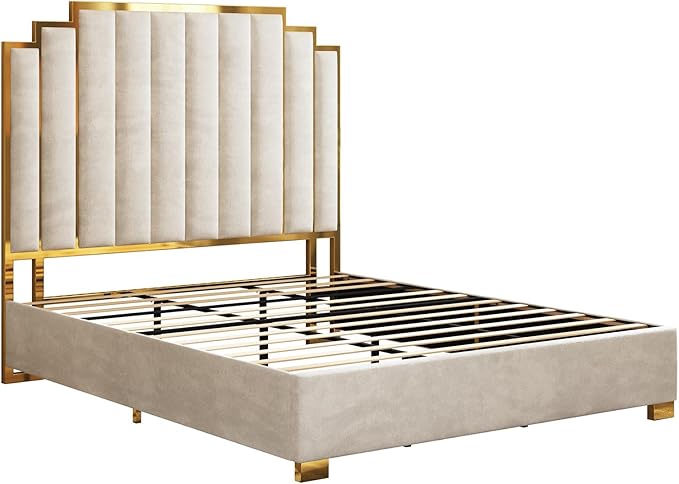 AMERLIFE California King Size Upholstered Bed, Modern Velvet Bed Frame with 65.4” Tall Gold Trim Headboard, No Box Spring Needed, Cream