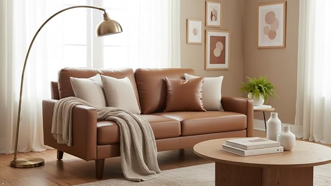 Pemberly Row Modern PU Leather Sofa Couch with Wooden Legs – Brown, 70 Inch Upholstered Sofa, High-Density Cushion, Straight Arm Design for Living Room, Apartment or Office