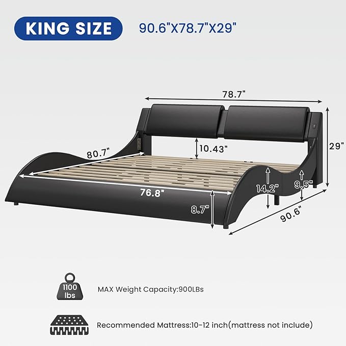 DICTAC King Size Bed Frame with Headboard and Charging Ports Modern Low Profile King Platform Bed Frame with LED Lights Wave Like Curve Led Bed Frame King Size with Wood Slats Support,Black