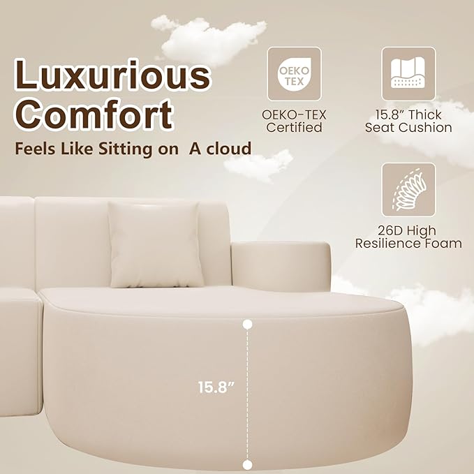 MELLCOM Modern Curved Boneless Sofa Couch, L-Shaped Corner Sofa, No Assembly Needed, Chenille Upholstered Cloud Sectional Couch for Living Room,Apartment and Bedroom (Beige, Right Hand Facing)