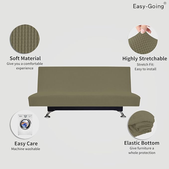 Easy-Going Stretch Futon Slipcover Armless Futon Bed Cover Furniture Protector Without Armrests with Elastic Bottom for Kids, Soft Jacquard Fabric Small Checks (Large, Khaki)