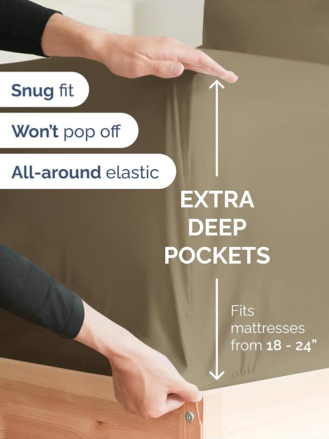 Extra Deep Split King Sheet Set - 7 Piece Breathable and Cooling Sheets - Hotel Luxury Bedding for Women, Men, Kids & Teens - Easy Secure Fit - Soft, Wrinkle Free & Comfy - Extra Deep Pockets - Khaki