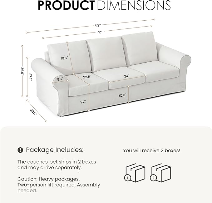 89" 3 Seater Sofa for Living Room, Deep Seated Comfy Couch with Removable Linen Slipcover, Modern Farmhouse Rolled-Arm Sofa, High Back Support, Cream White