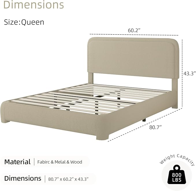 BarnFurin Queen Bed Frame with Headboard, Boucle Upholstered Platform Bed Frame, Luxurious Soft Rounded Corners, No Box Spring Required, Non-Slip and Noise-Free, Easy Assembly, Beige