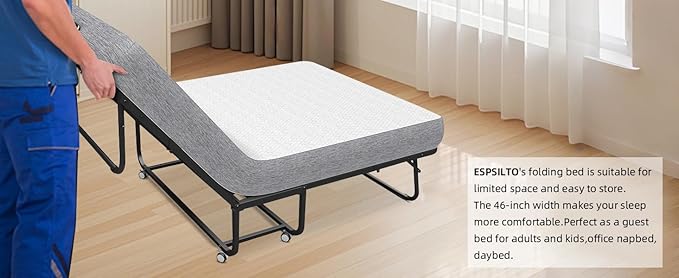 Espsilto Folding Bed with Mattress for Adult - Twin Size75''x38'' Portable Foldable Rollaway Bed for Guest with Thick Memory Foam Mattress