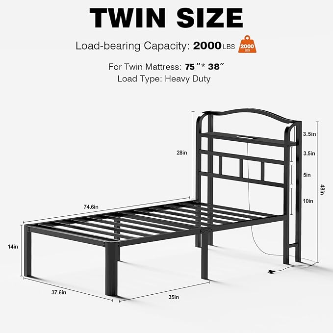 Black Twin Size Bed Frame Heavy Duty Metal Platform Bed Frames with Headboard,Charge Stations,No Box Spring Needed,Easy Assembly,Tools Free (14 Inch, Twin)