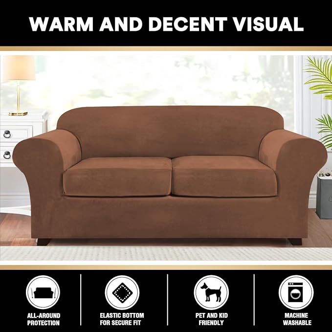 PrinceDeco Couch Cover Velvet Plush Sofa Covers for 2 Cushion Couch Width Up to 90 Inch Washable Furniture Protector Pet Friendly No Slip Sofa Slipcover(Medium-Large, Caramel)