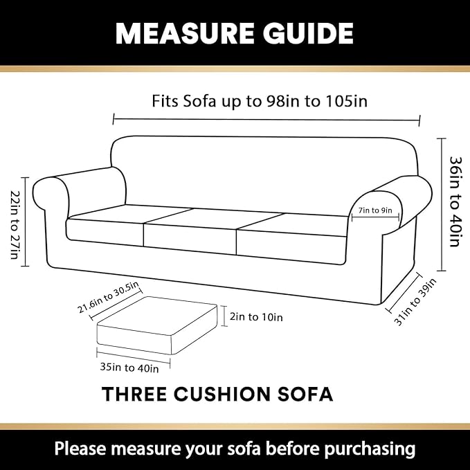 PrinceDeco Velvet XL Couch Cover for Oversized Sofa 4 Piece Sofa Covers for 3 Cushion Couch Washable Furniture Protector with Non Slip Elastic Bottom Width Up to 105 Inch(X-Large, Porcelain)