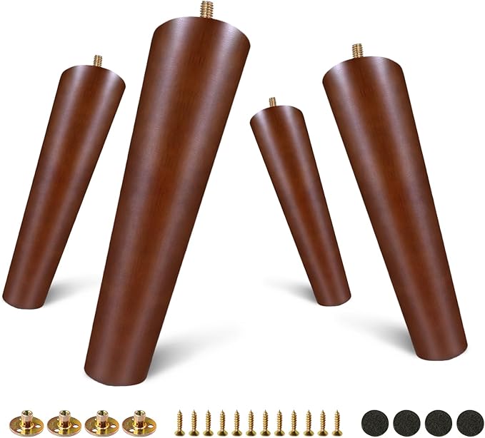 FoDau770 Brown Rubber Wood Furniture Legs 8 Inches, Slant Tapered Wood Feet Mid Century Sofa Legs Set of 4, 5/16" UNC Furniture Feet Replacement Parts for Cabinet Couch Dresser Chair Ottoman Table