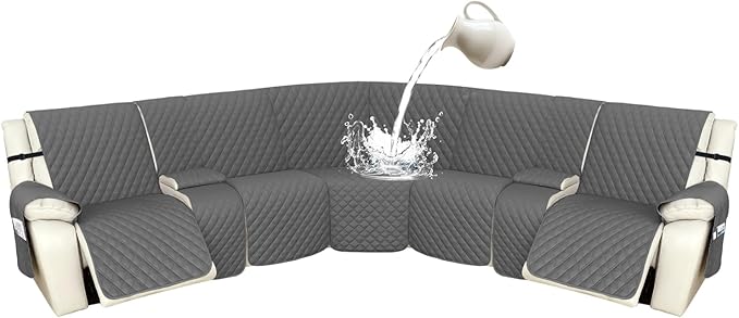 Arfntevss Recliner Sectional Couch Covers 1OO% Waterproof L Shape Sofa Cover for Reclining L Shaped Sectional Slipcover Dog Washable Corner Non Slip Protector (5 Seater with 2 Console, Deep Grey)