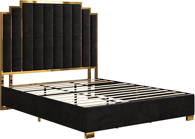 AMERLIFE King Size Upholstered Bed, Modern Velvet Bed Frame with 65.4” Tall Gold Trim Headboard, No Box Spring Needed, Black