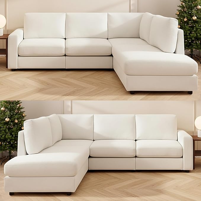 100” L-Shaped Couch with Reversible Chaise, Chenille Modular Sectional Sofa, 4-Seater Corner Couch for Living Room, Apartment, Beige