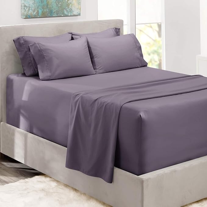 Hearth & Harbor Bed Sheets, Luxury Soft 6 Piece Bed Sheet Set Extra Deep Pocket Fitted Sheets Fits Mattress up to 21", Double Brushed Bedding Sheets & Pillowcases, Twin, Purplish Gray