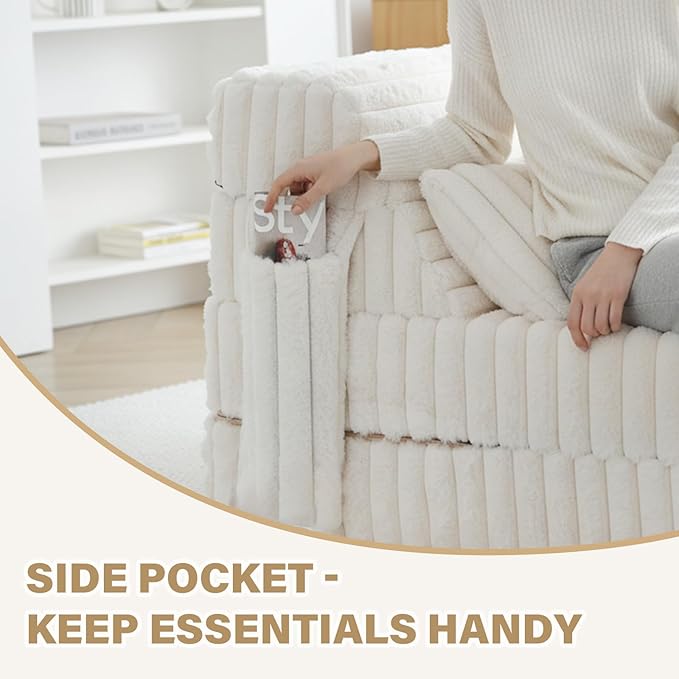 Tiita Folding Sofa Bed Single Size, Convertible Sleeper Chair Mattress with Pillow, Thick Corduroy Floor Mattress Couch Bed with Side Pocket, Guest Room, Dorm, Apartment, Beige