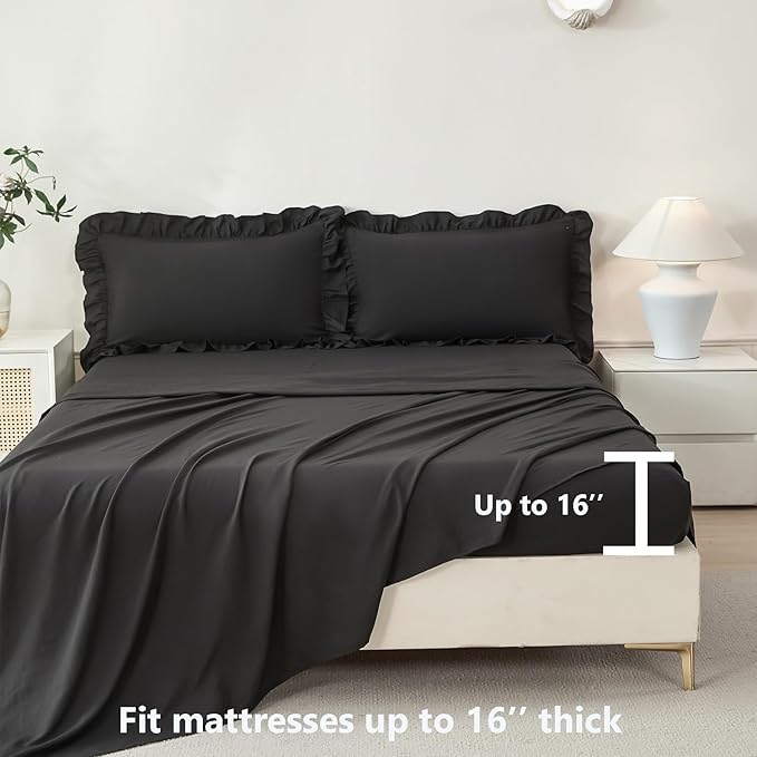 ANGIYUIN Black Queen Size Ruffle Bedding Set 5 Pieces Lightweight Double Ruffled Bed in A Bag Solid Farmhouse Comforter Sets Soft Microfiber Bed Set for Women Men(Black Queen)