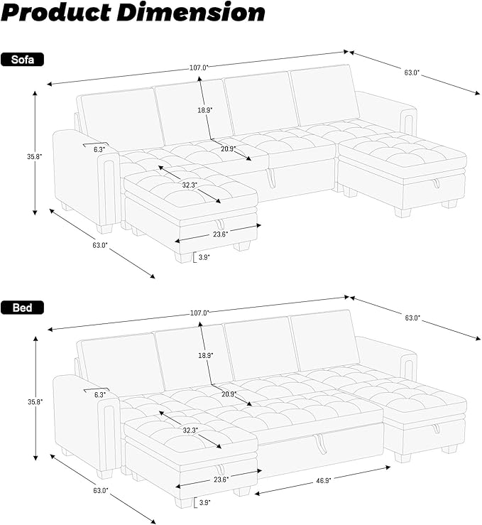Belffin Modular Sectional Sleeper Sofa with Pull Out Bed Velvet Convertible U Shaped Sectional Sofa Couch with Storage Chaises for Living Room Black