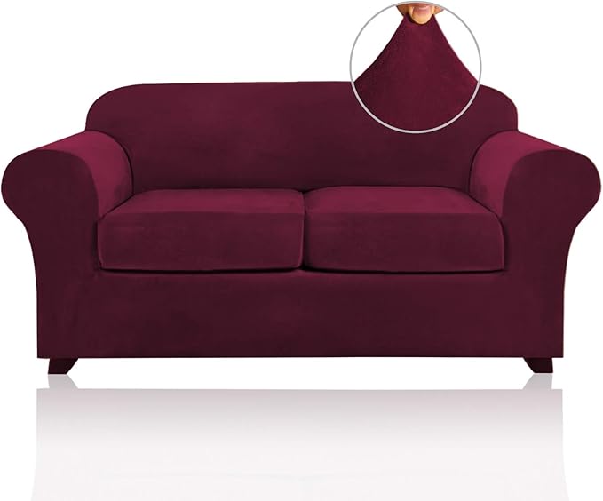 PrinceDeco Velvet Couch Cover Loveseat Covers for 2 Cushion Couch 3 Piece Sofa Covers for Dogs Washable Loveseat Covers Width Up to 72 Inch No Slip Stretch Sofa Slipcover(Medium, Burgundy)
