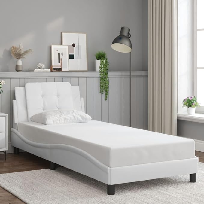 Twin Bed Frame White Upholstered Platform Bed with Storage Space Modern Faux Leather Design Easy Assembly for Bedroom