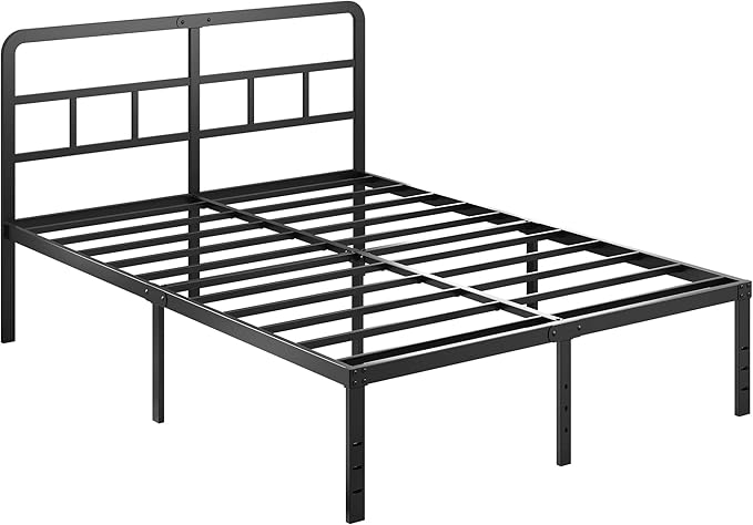 DiaOutro 16 Inch Full Size Bed Frame with Headboard No Box Spring Needed, Heavy Duty Metal Platform with Steel Slat, Mattress Foundation, Easy Assembly, No Noise, Black