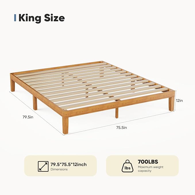 Sweetcrispy King Size Wood Platform Bed Frame, Solid 1100LBS Heavy Duty Bed Base with Wooden Slat Support, Sturdy, Stylish & Noise-Free Design, No Box Spring Needed, 12IN Natural Pine
