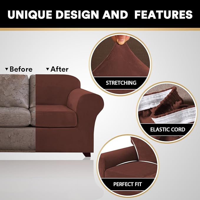 PrinceDeco Velvet Couch Covers for Sofa Soft 4 Pieces Couch Covers for 3 Cushion Couch Sofa Pet Friendly Furniture Protector with Non Slip Elastic Bottom Width Up to 90 Inch (Large, Burnt Brick)