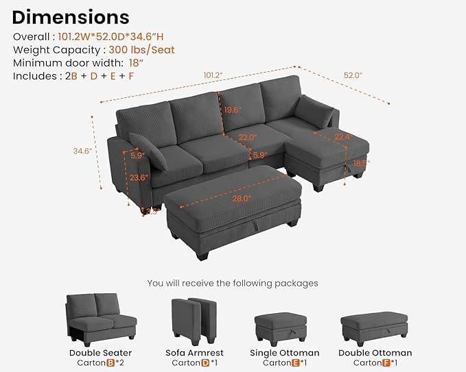 CHIC HOUSE Corduroy Modular Sectional Couch with Ottoman Chaise, L/U Shaped Sleeper Sofa for Living Room, Apartment, Lounge, Modern Armrest Neck Support Furniture (Dark Grey, 7 Seater Sectional)