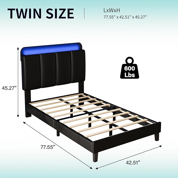 BarnFurin Twin Bed Frame with LED Lights, Upholstered Platform Bed with Storage Headboard, Single Bed Frame, Noise-Free, No Box Spring Needed, Easy Assembly, Black