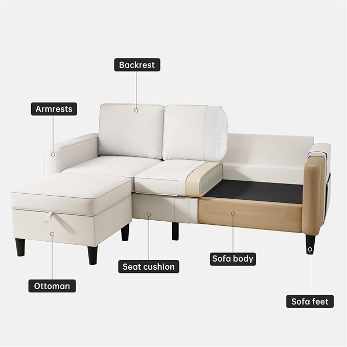 Sectional Sofa and Couches for Living Room - 78''L Shaped Beige Linen Couch-Pet Friendly Modular 3-Seater Convertible Sofas-Washable Covers-Suitable for The Living Room, Apartment or Bedroom