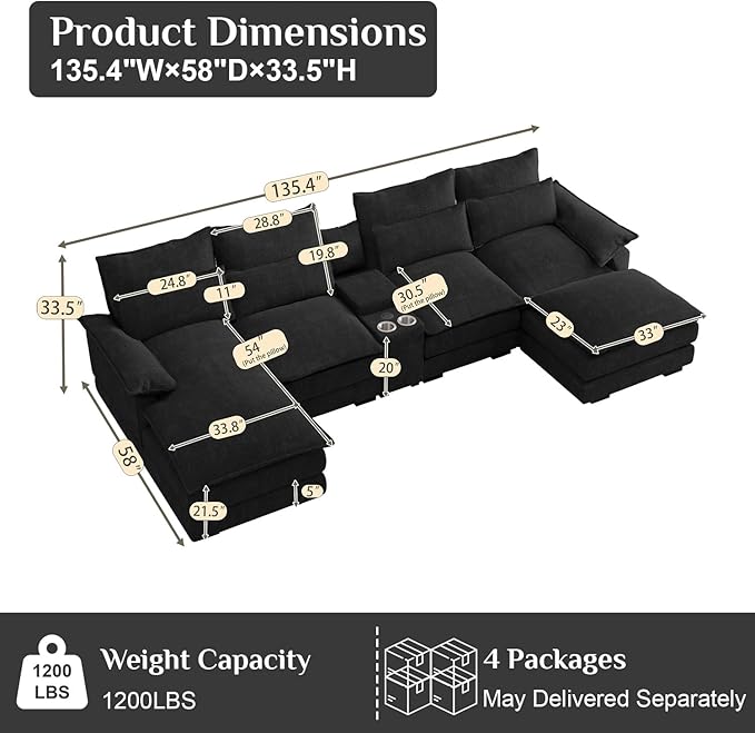 135" U Shaped Cloud Couch Sectional Modular Sectional Couches for Living Room Oversized Comfy Chenille Sofa Cloud Couch Set with Storage Central Console, USB Ports, Chaise Lounge, Ottoman, Black