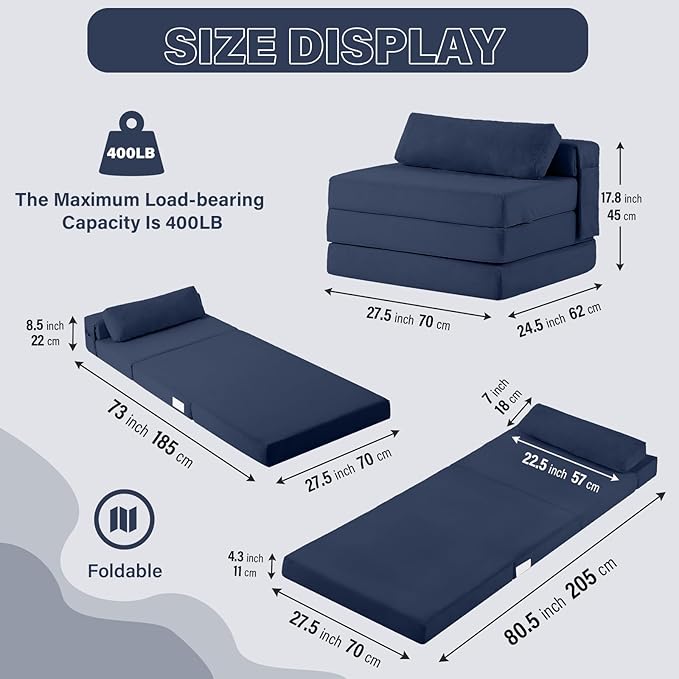 Tiita Folding Sofa Bed Chair, 4-Fold Convertible Sleeper Chair with Lumbar Pillow, Washable Cover & Side Pocket, Floor Couch Bed with Raised Seat, Single Size for Small Spaces, Navy