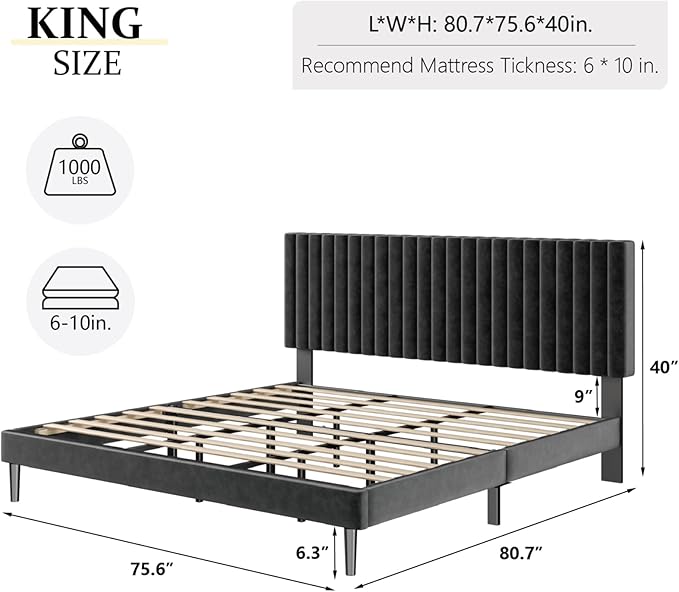 HAOARA King Size Bed Frame, King Size Platform Bed Frame and Velvet Upholstered Headboard with Strong Wood Slats, Box Spring Optional, Mattress Foundation, Easy Assembly Black