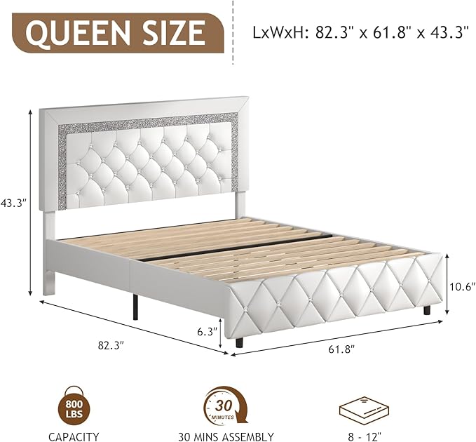 Queen Bed Frame, Faux Leather Platform Bed with Upholstered Diamond Headboard, Mattress Foundation with Strong Wooden Slats Support, No Box Spring Required, Easy Assembly, White