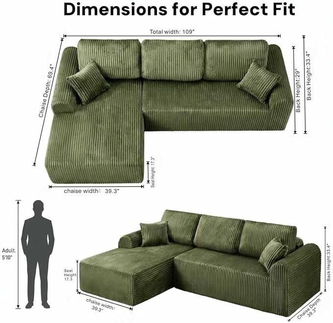 109“L-Shaped Sectional Sofa Boneless Couch Upholstery Cloud Modular Couch with Chaise No Assembly Required Corduroy Fabric Combination Deep Seat Living Room Bedroom(Green, Left Hand Facing)