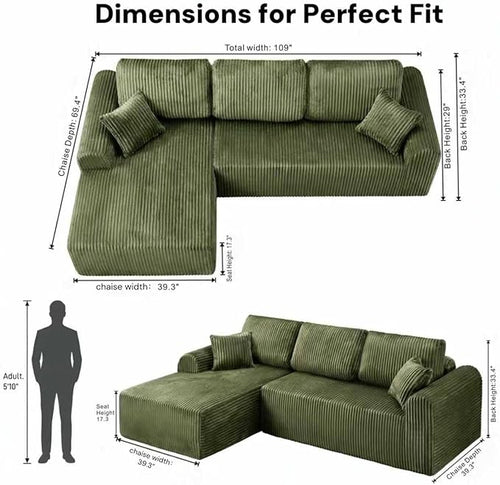109“L-Shaped Sectional Sofa Boneless Couch Upholstery Cloud Modular Couch with Chaise No Assembly Required Corduroy Fabric Combination Deep Seat Living Room Bedroom(Green, Left Hand Facing)