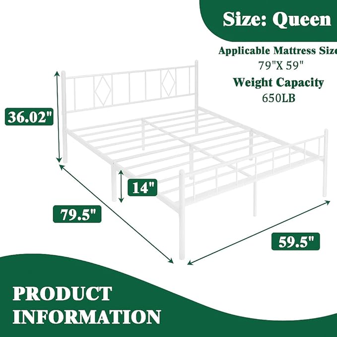 Decorwise 14 Inch Queen Size Bed Frames with Headboard/Footboard, Under Bed Storage, Strong Metal Slats Support, No Box Spring Needed, Noise Free, Easy Assembly, White