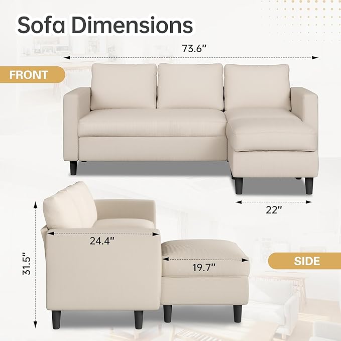 JAMFLY Couches for Living Room, 3-Seat Reversible Sectional Sofa with Convertible Ottoman, Modern Ribbed Fabric L-Shaped Couch for Small Apartment, Studio & Office, Easy Assembly, Beige