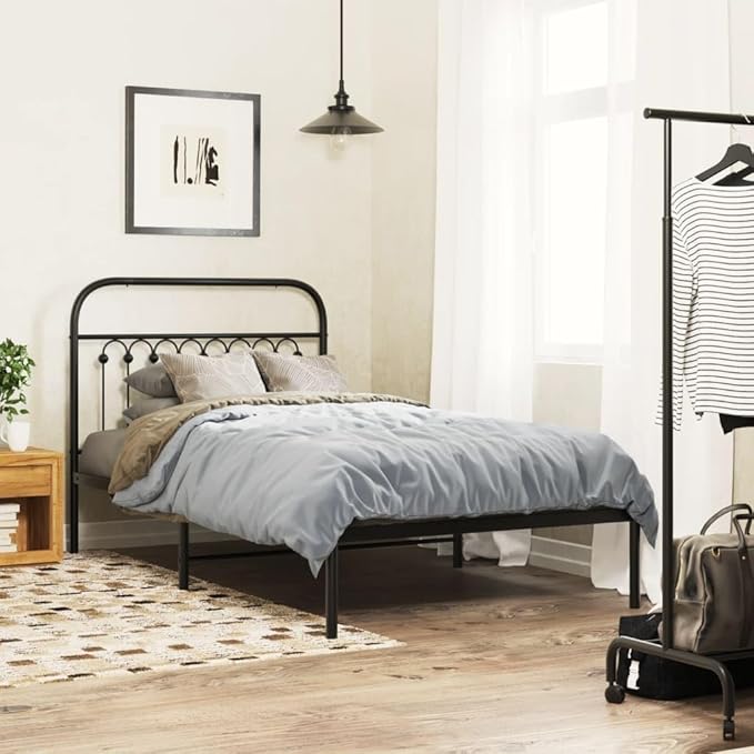 Steel Bed Frame with Headboard, Black Metal Platform Bed for Single Sleeper, Sturdy Mattress Foundation for 39.4x78.7 Inch Bedrooms and Guest Rooms